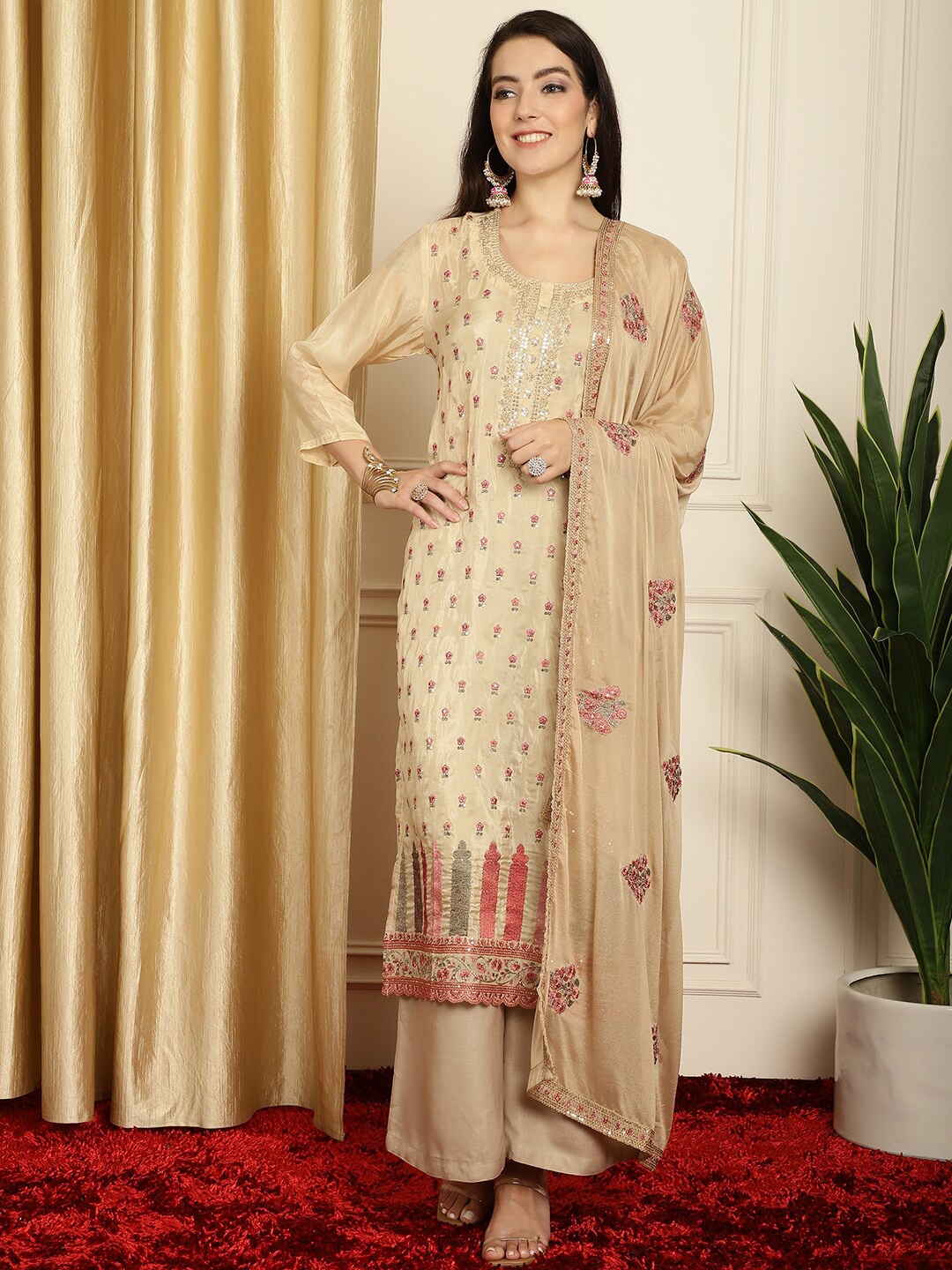 

Stylee LIFESTYLE Floral Embroidered Pure Silk Sequinned Unstitched Dress Material, Beige