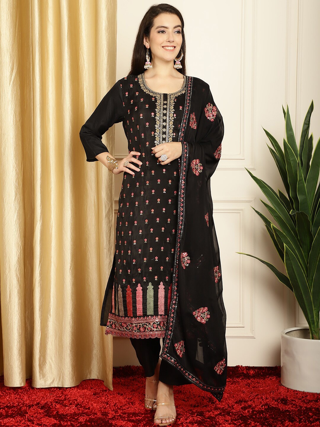 

Stylee LIFESTYLE Floral Embroidered Sequinned Pure Silk Unstitched Dress Material, Black