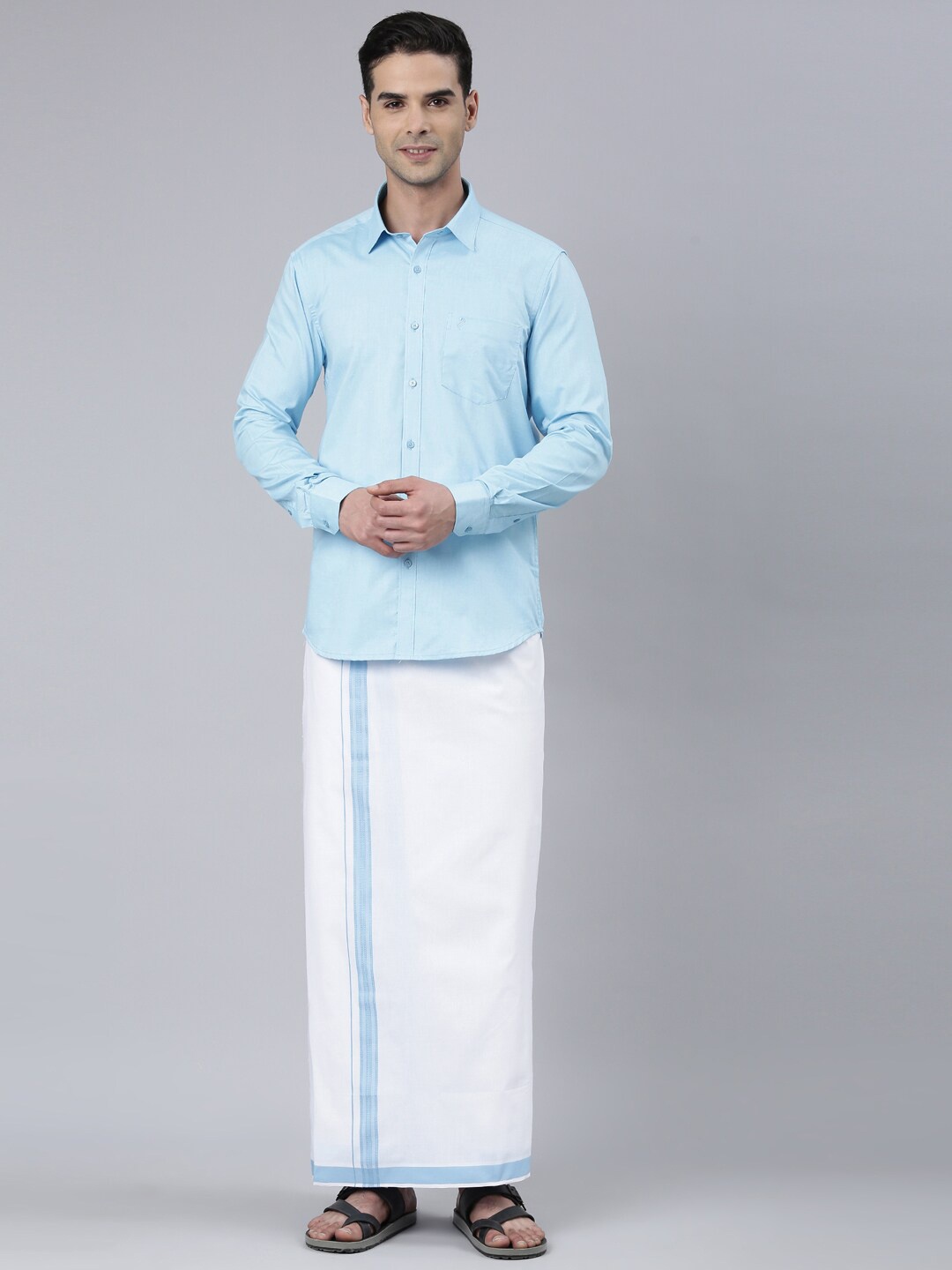 

ALAYA Cotton Shirt With Veshti, Blue