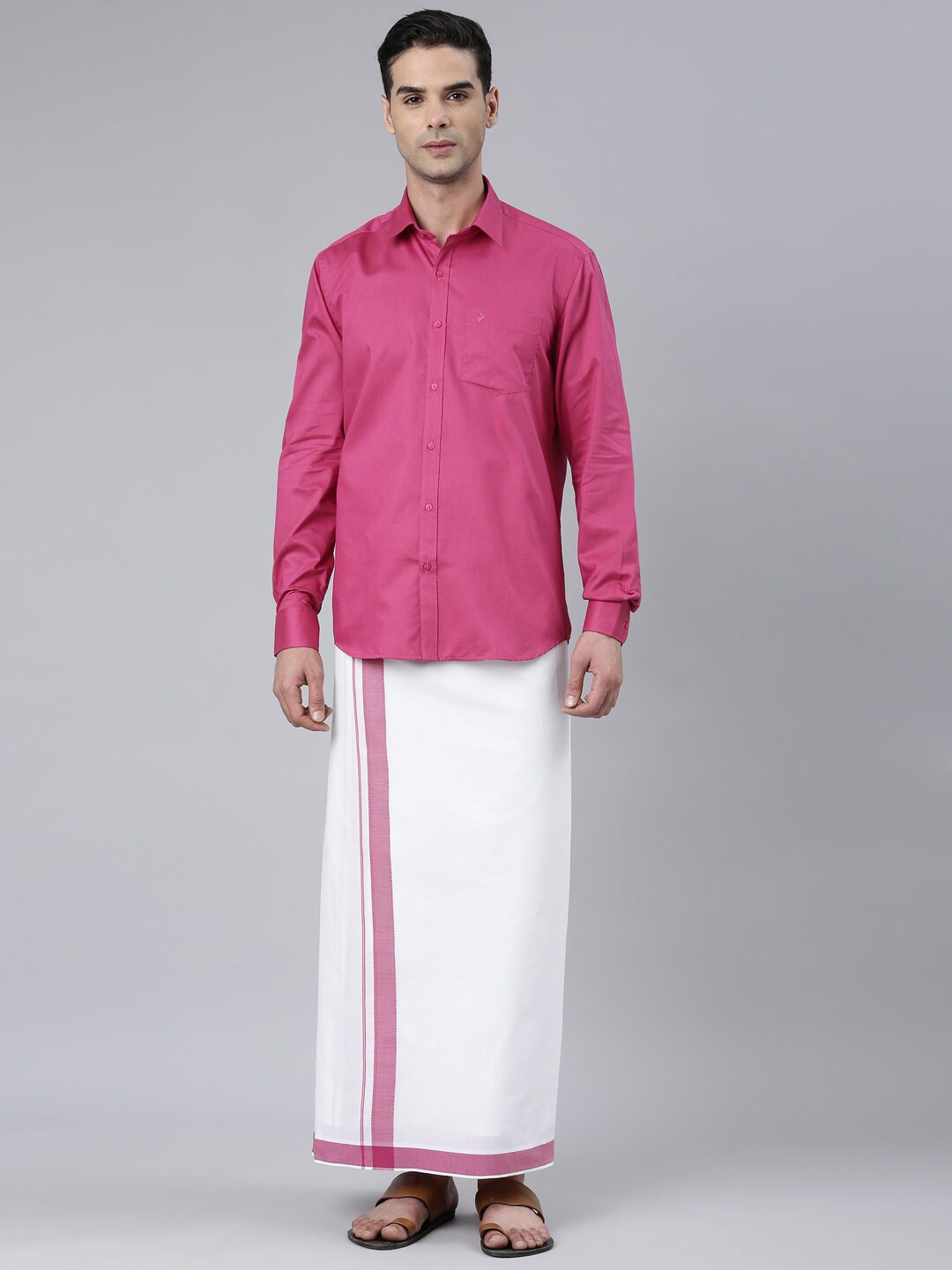 

ALAYA Cotton Shirt With Veshti, Pink