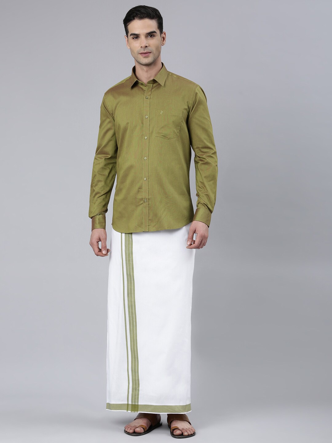 

ALAYA Cotton Shirt With Veshti, Olive