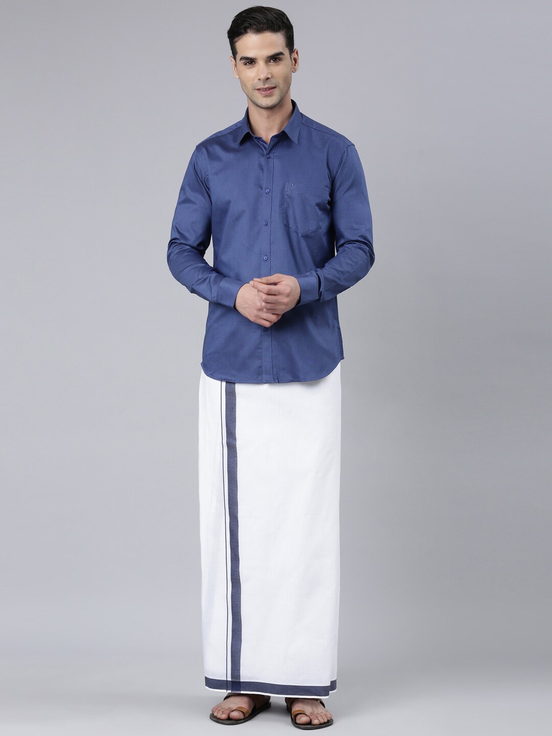 

ALAYA Cotton Shirt With Veshti, Navy blue
