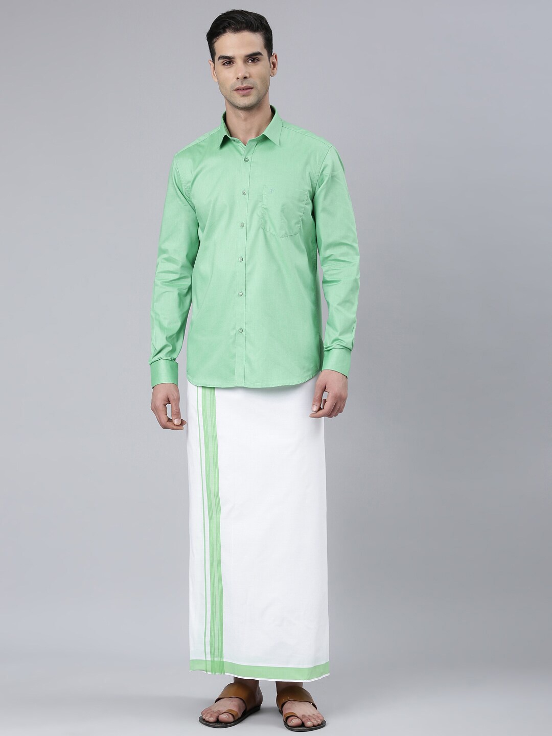 

ALAYA Cotton Shirt With Veshti, Green