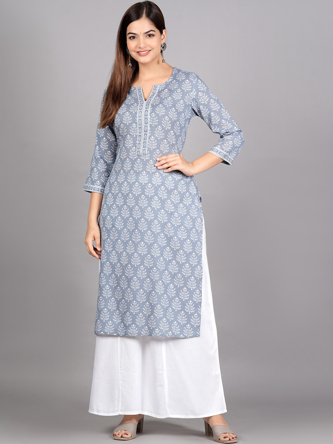 

KALINI Floral Printed Regular Kurta with Palazzos, Grey
