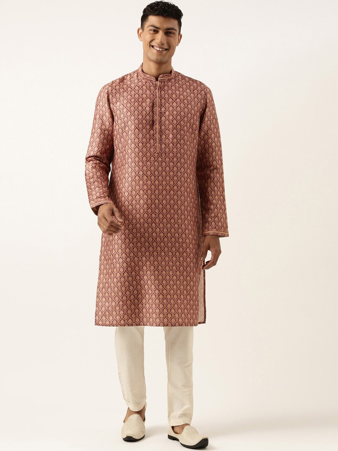 

TheEthnic.Co Ethnic Motifs Printed Mandarin Collar Straight Kurta & Pyjamas, Purple