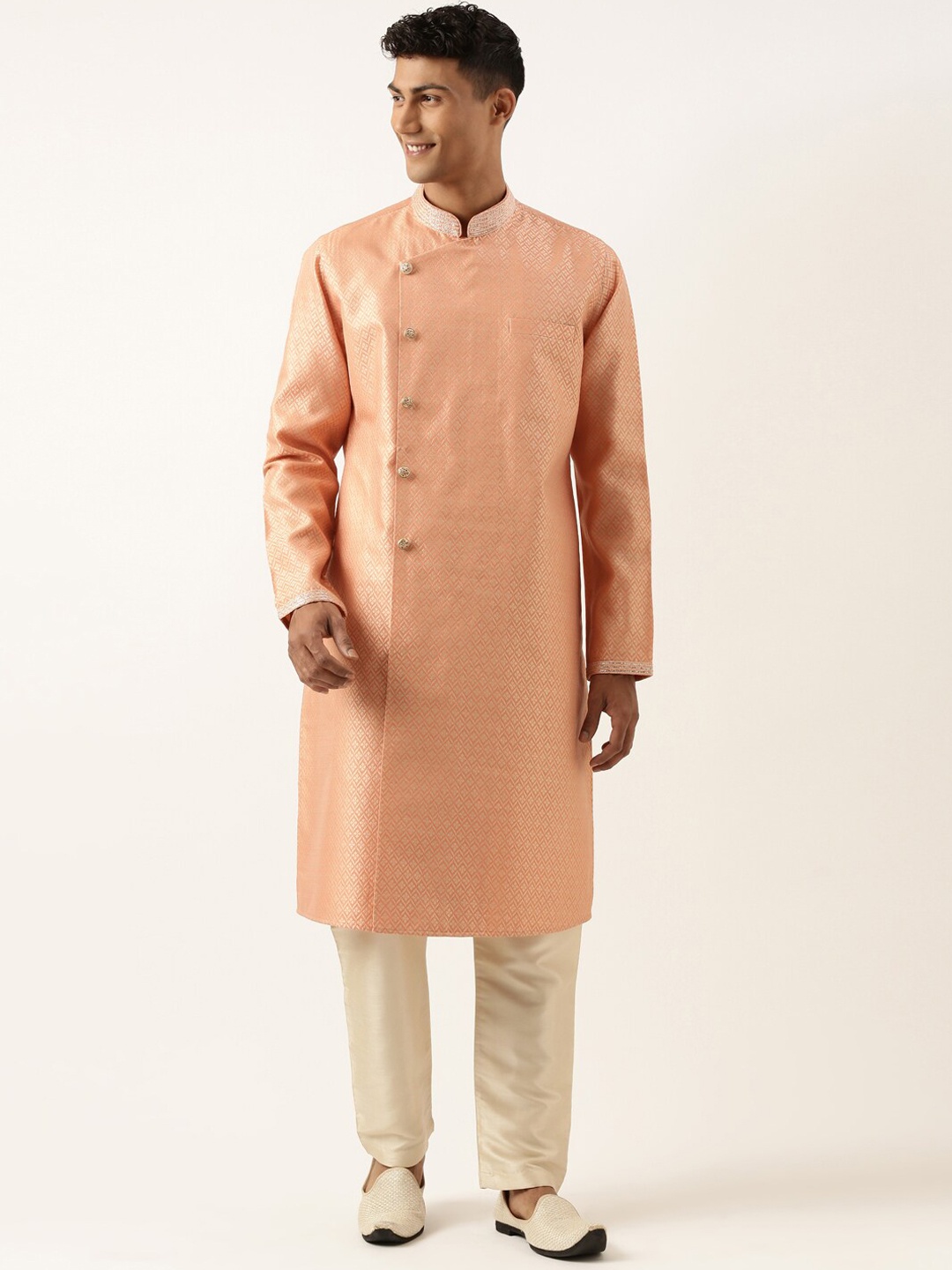 

TheEthnic.Co Ethnic Motifs Woven Design Mandarin Collar Angrakha Kurta & Trousers, Orange