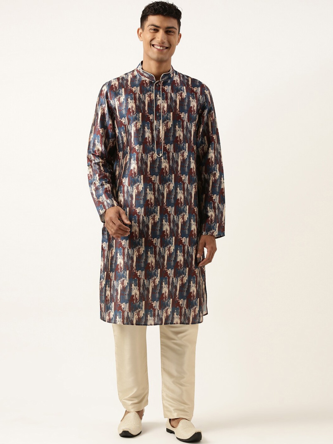 

TheEthnic.Co Abstract Printed Mandarin Collar Straight Kurta & Salwar, Blue