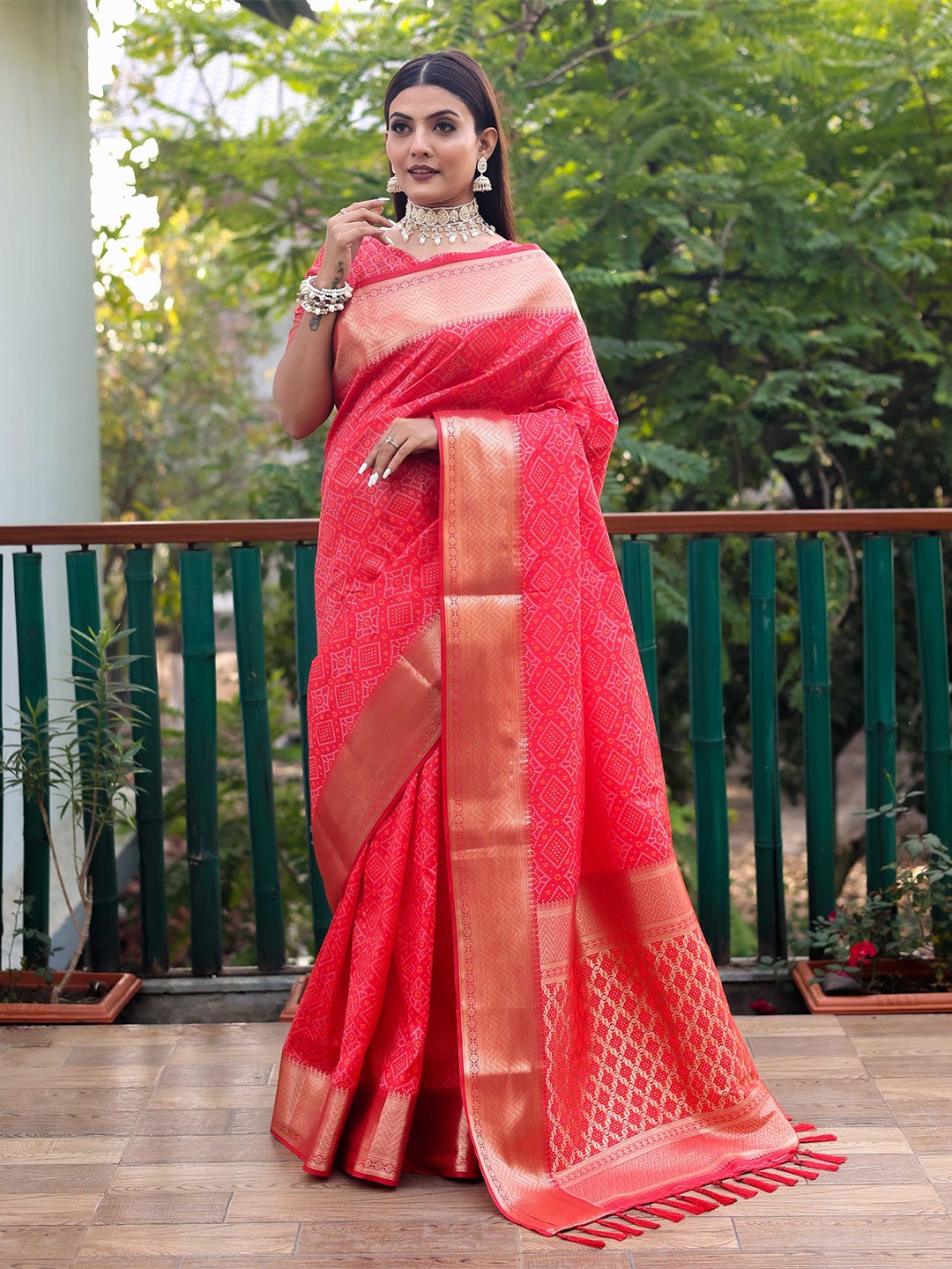 

Mitera Red & Gold-Toned Bandhani Printed Zari Patola Saree