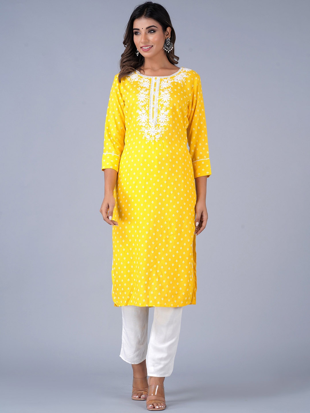 

KUROCK Ethnic Motifs Embroidered Mirror Work Straight Kurta, Yellow