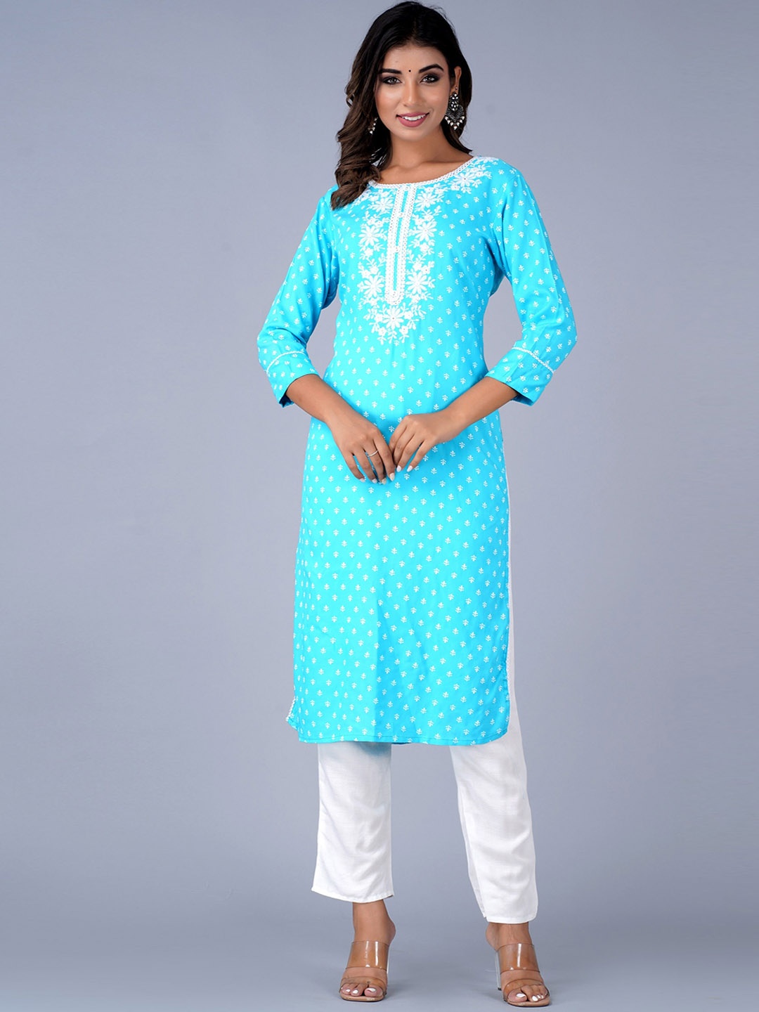 

KUROCK Ethnic Motifs Embroidered Mirror Work Straight Kurta, Turquoise blue