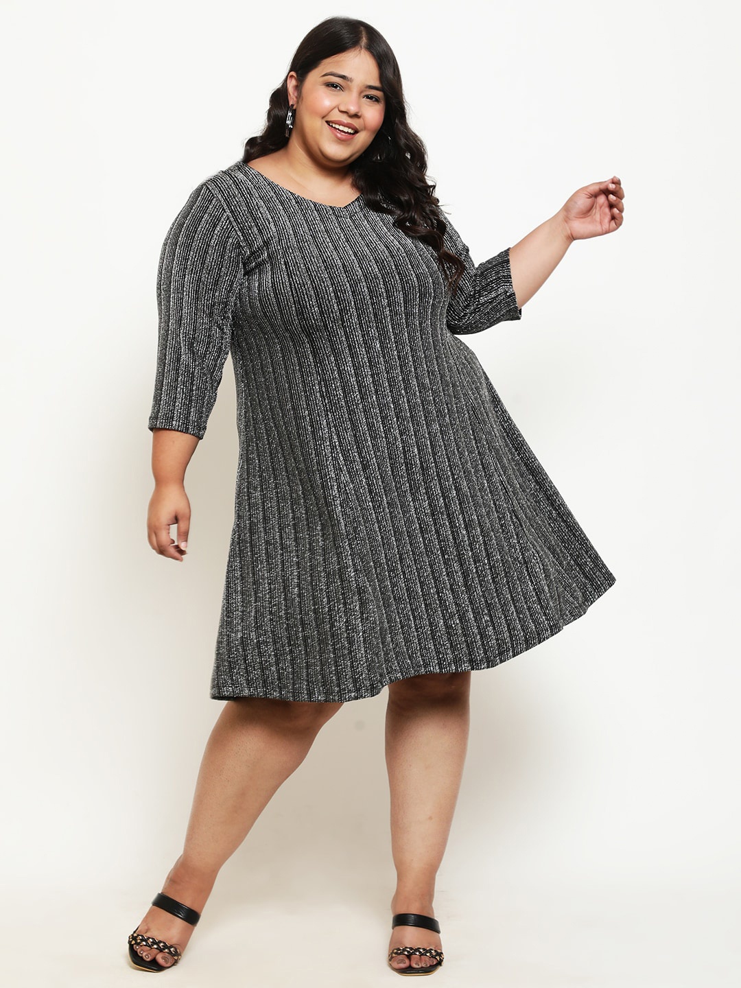 

Amydus Plus Size Striped V-Neck A-Line Dress, Black