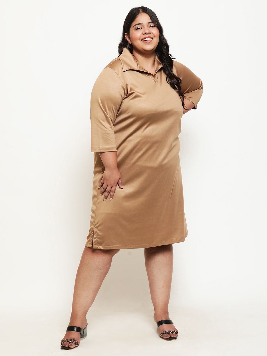 

Amydus Plus Size Shirt Collar Wool A-Line Dress, Beige