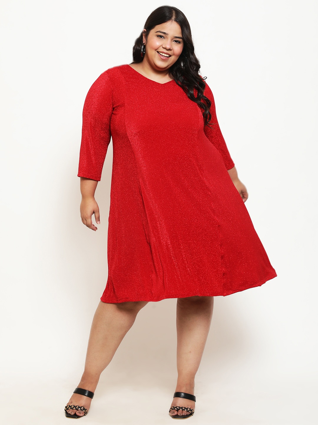 

Amydus Plus Size V-Neck A-Line Dress, Red
