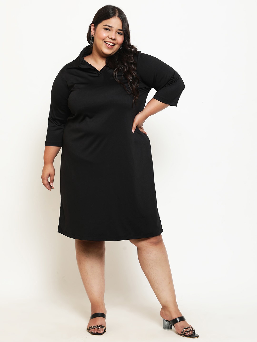 

Amydus Plus Size Shirt Collar Woolen A-Line Dress, Black