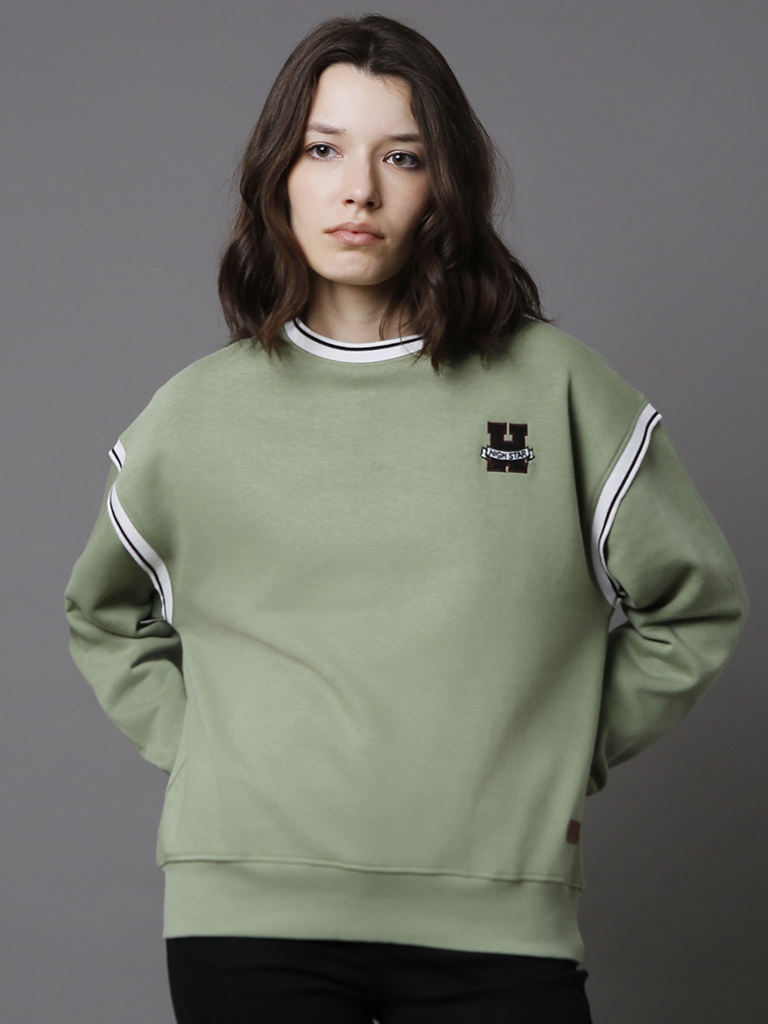 

High Star Round Neck Cotton Sweatshirt, Green