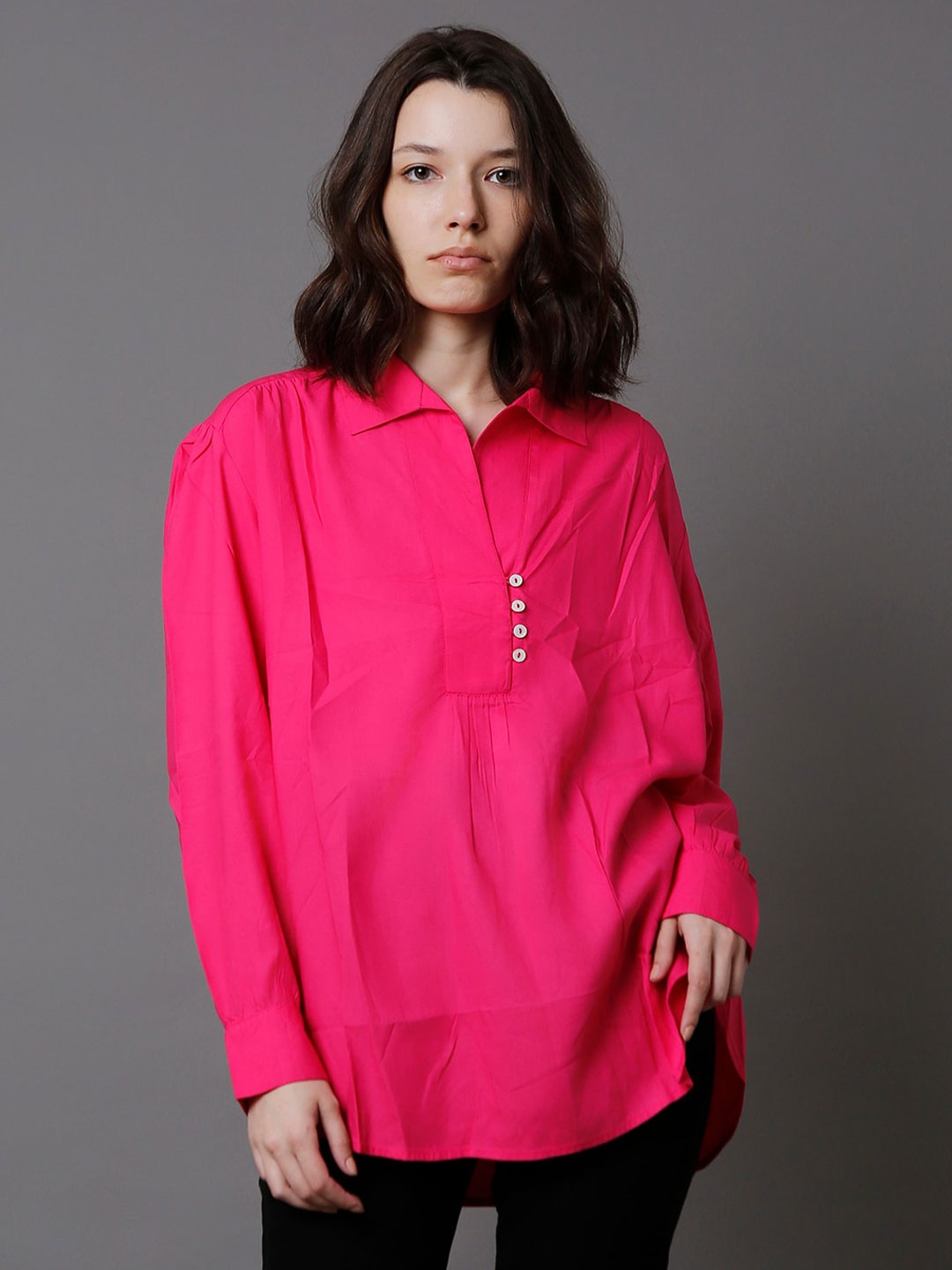 

High Star Shirt Collar Cuffed Sleeves Cotton Shirt Style Top, Pink
