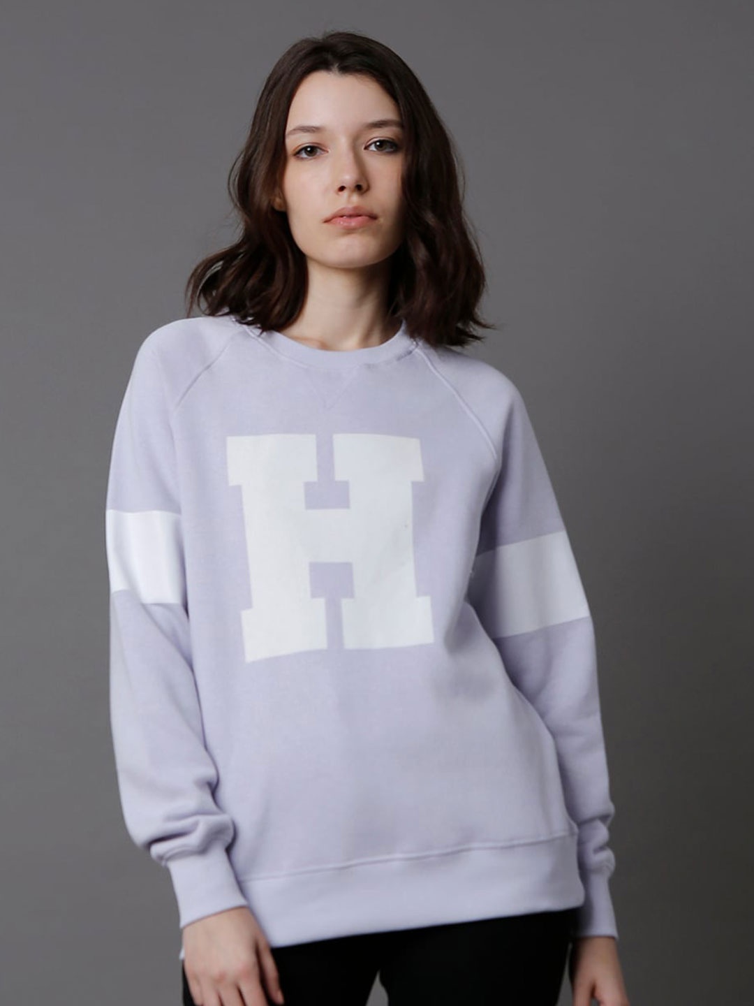 

High Star Typography Printed Round Neck Long Sleeve Pullover Sweatshirt, Lavender