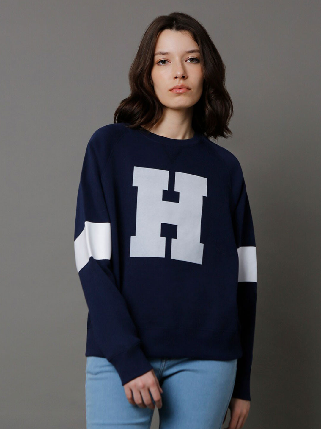 

High Star Typography Printed Round Neck Long Sleeve Pullover Sweatshirt, Blue