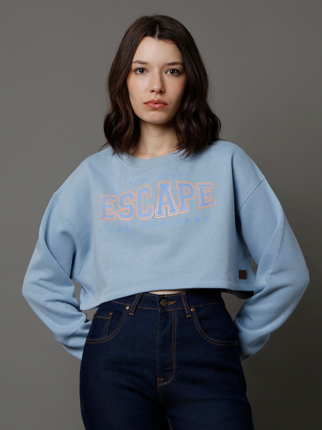 

High Star Typography Printed Round Neck Long Sleeve Pullover Crop Sweatshirt, Blue