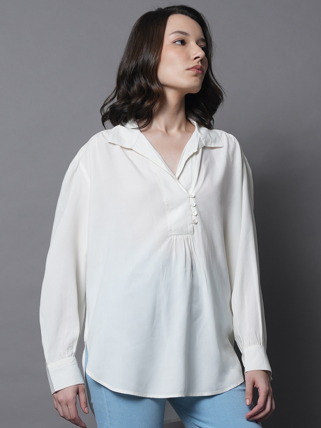 

High Star Shirt Collar Cuffed Sleeves Cotton Shirt Style Top, White