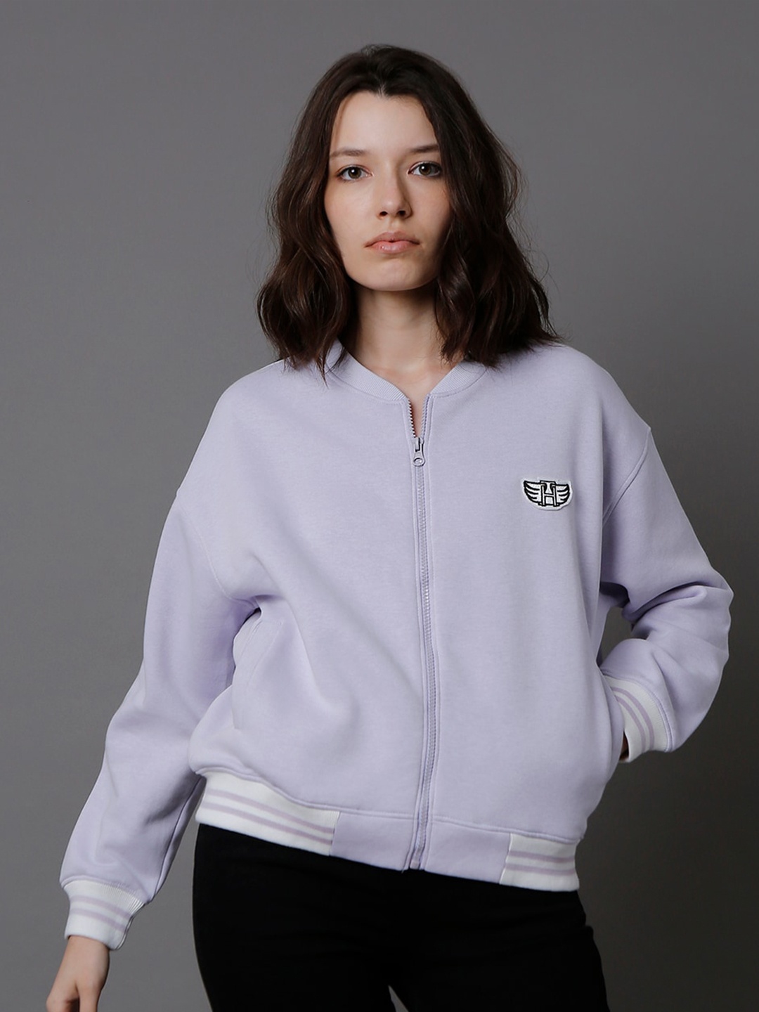 

High Star Mandarin Collar Long Sleeve Front-Open Sweatshirt, Lavender