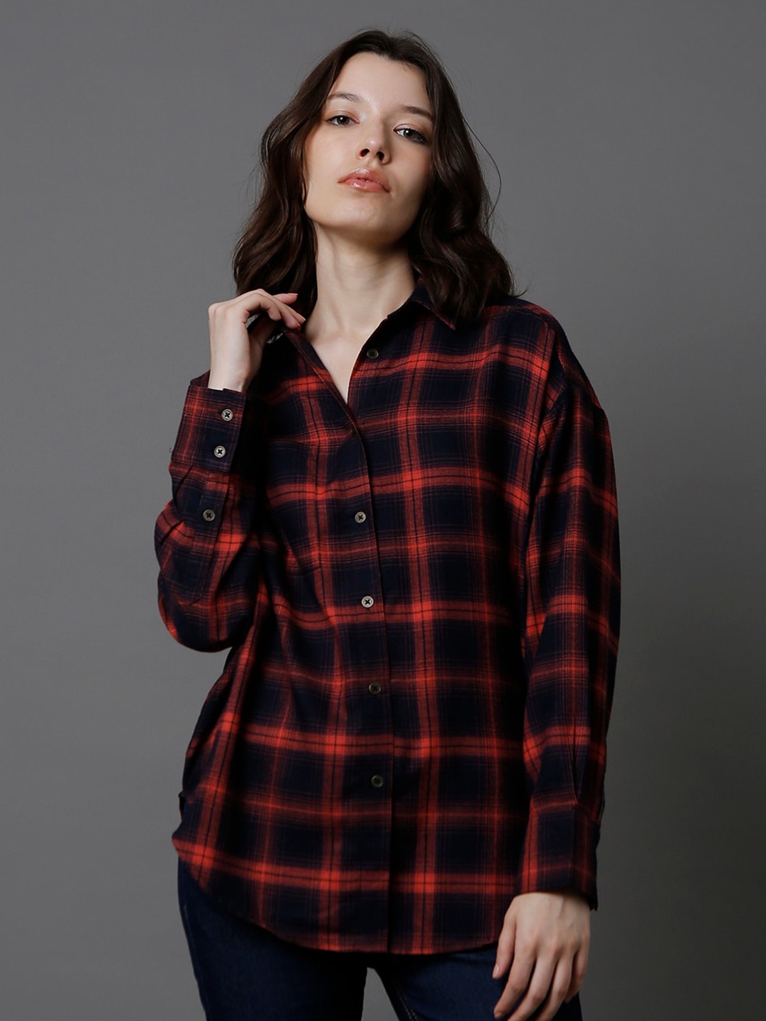 

High Star Classic Oversized Tartan Checks Spread Collar Long Sleeve Cotton Casual Shirt, Red