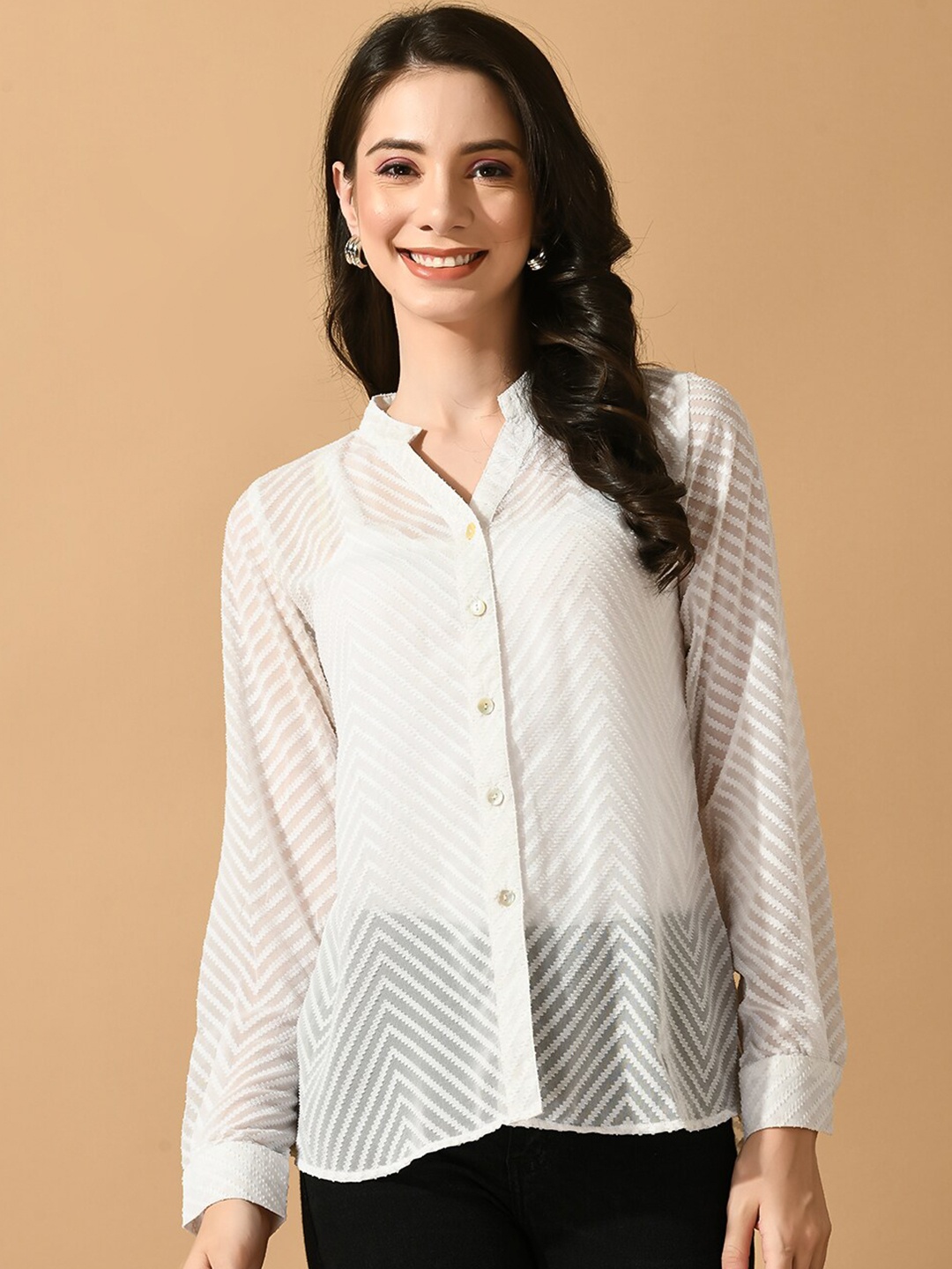 

DressBerry White Self Design Smart Sheer Georgette Shirt