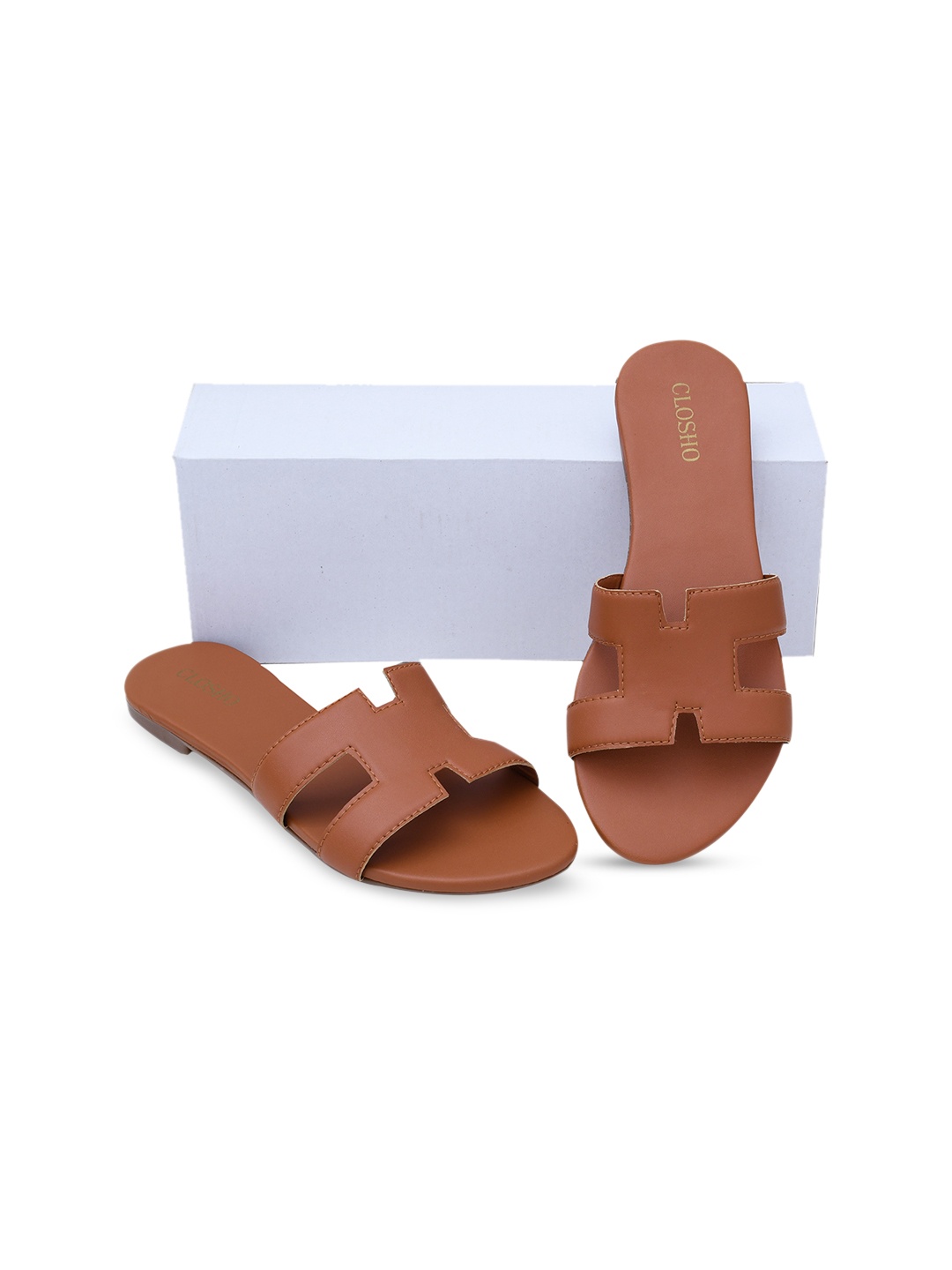 

CLOSHO Cut Out Open Toe Flats, Tan
