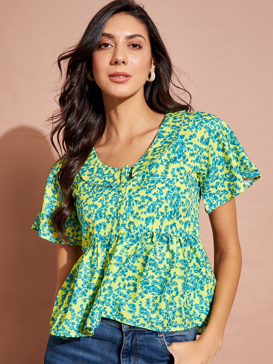 

DressBerry Floral Printed V-Neck Gathered or Pleated Cinched Waist Top, Lime green