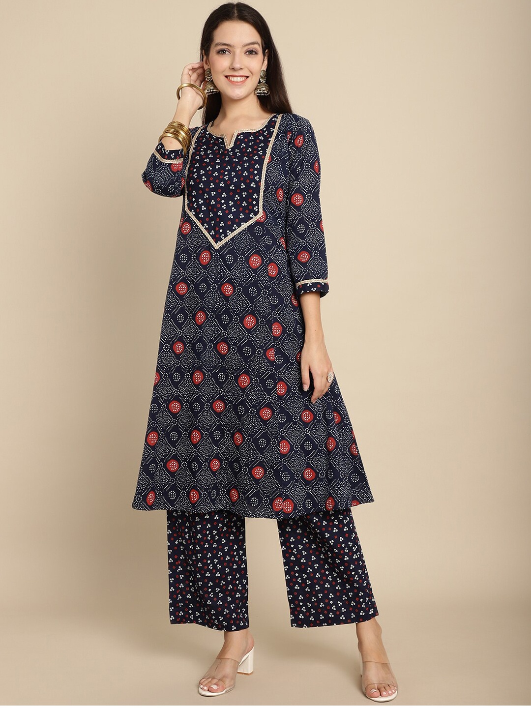 

Kamayra Bandhani Printed Regular Pure Cotton Kurta With Palazzos & Dupatta, Navy blue