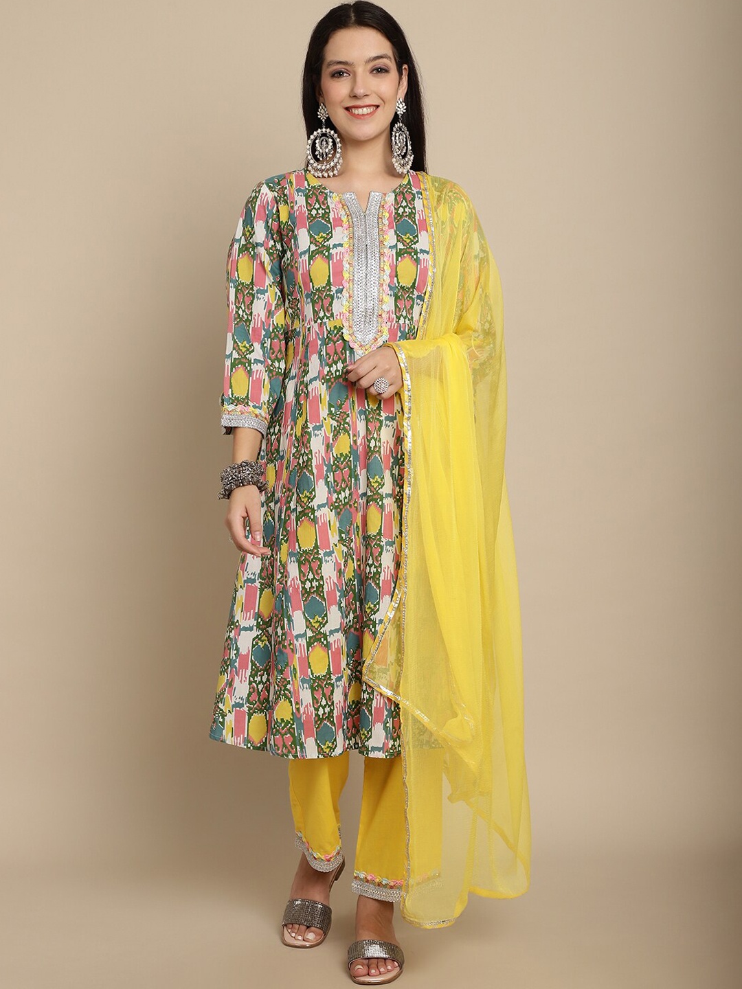 

Kamayra Ethnic Motifs Printed Gotta Patti Pure Cotton A Line Kurta With Trousers & Dupatta, Green