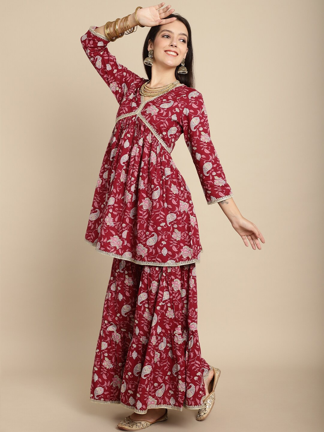 

Kamayra Ethnic Motifs Printed Empire Gotta Patti Pure Cotton Kurta With Sharara & Dupatta, Burgundy