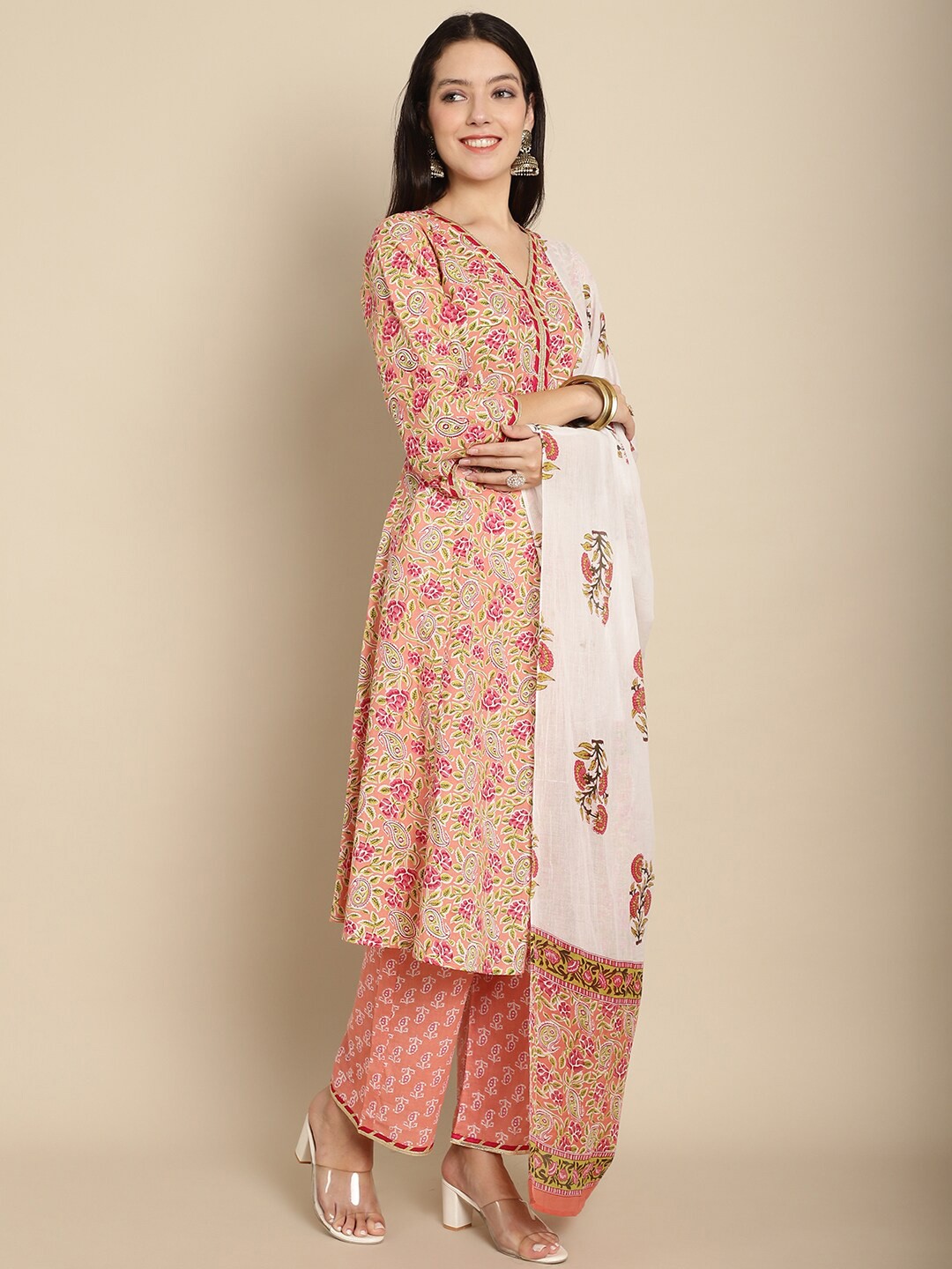 

Kamayra Floral Printed V Neck Pure Cotton Kurta & Palazzos With Dupatta, Peach