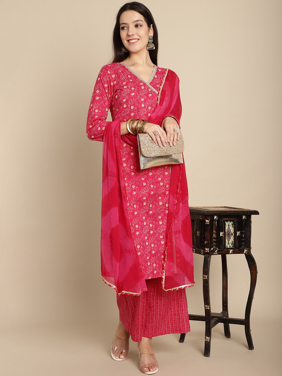 

Kamayra Floral Printed Angrakha Gotta Patti Pure Cotton Kurta With Palazzos & Dupatta, Magenta