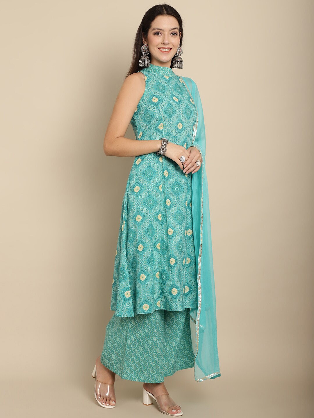 

Kamayra Bandhani Printed Halter Neck Pure Cotton A-Line Kurta & Palazzos With Dupatta, Sea green