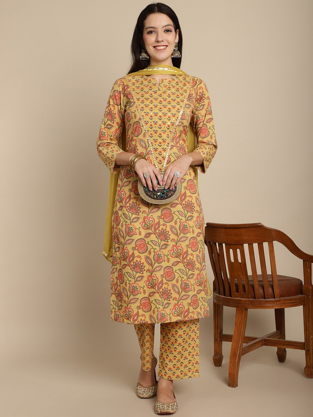 

Kamayra Floral Printed Regular Gotta Patti Pure Cotton Kurta With Palazzos & Dupatta, Mustard