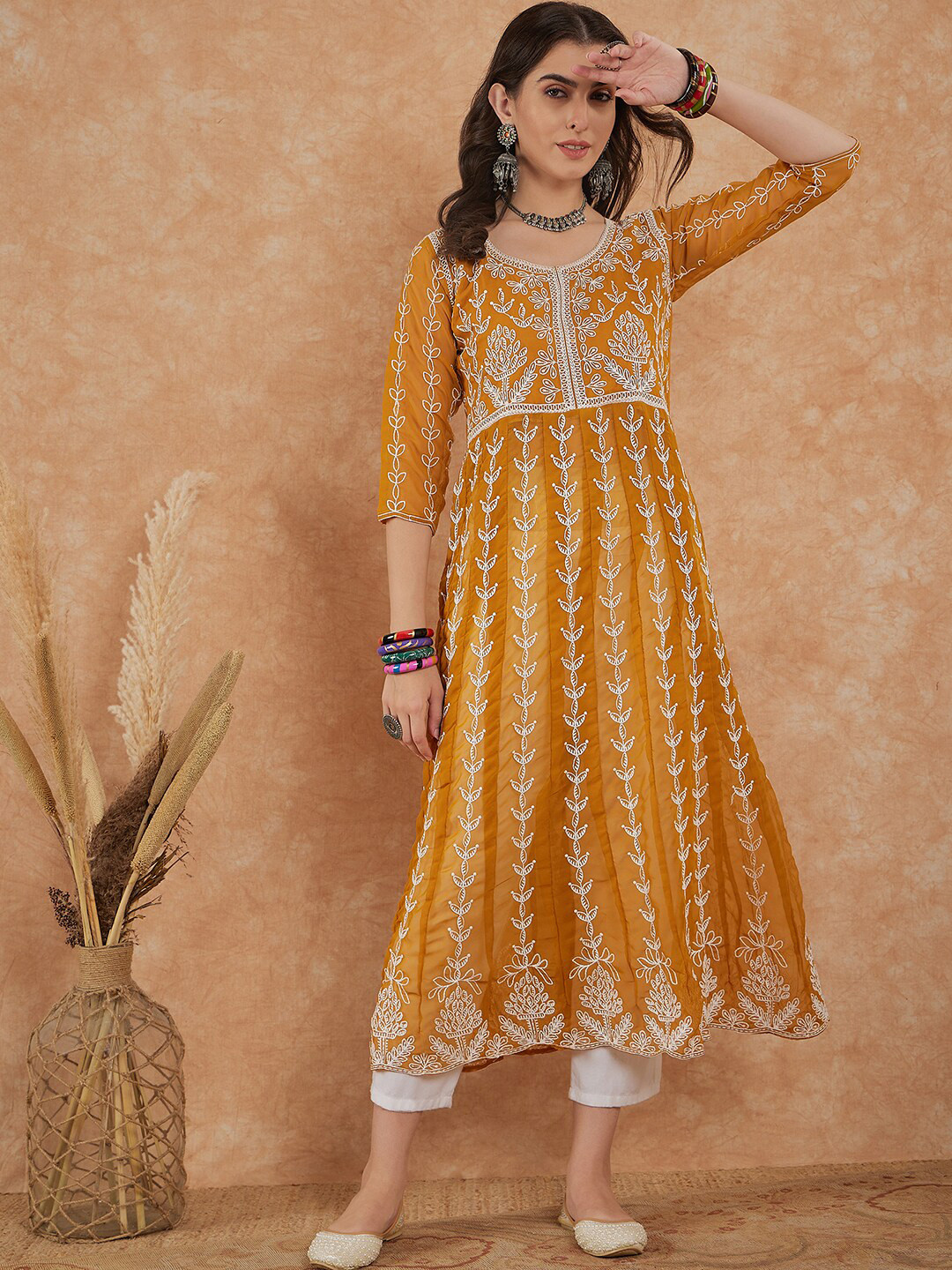 

KALINI Embroidered Thread Work Georgette Anarkali Kurta, Mustard