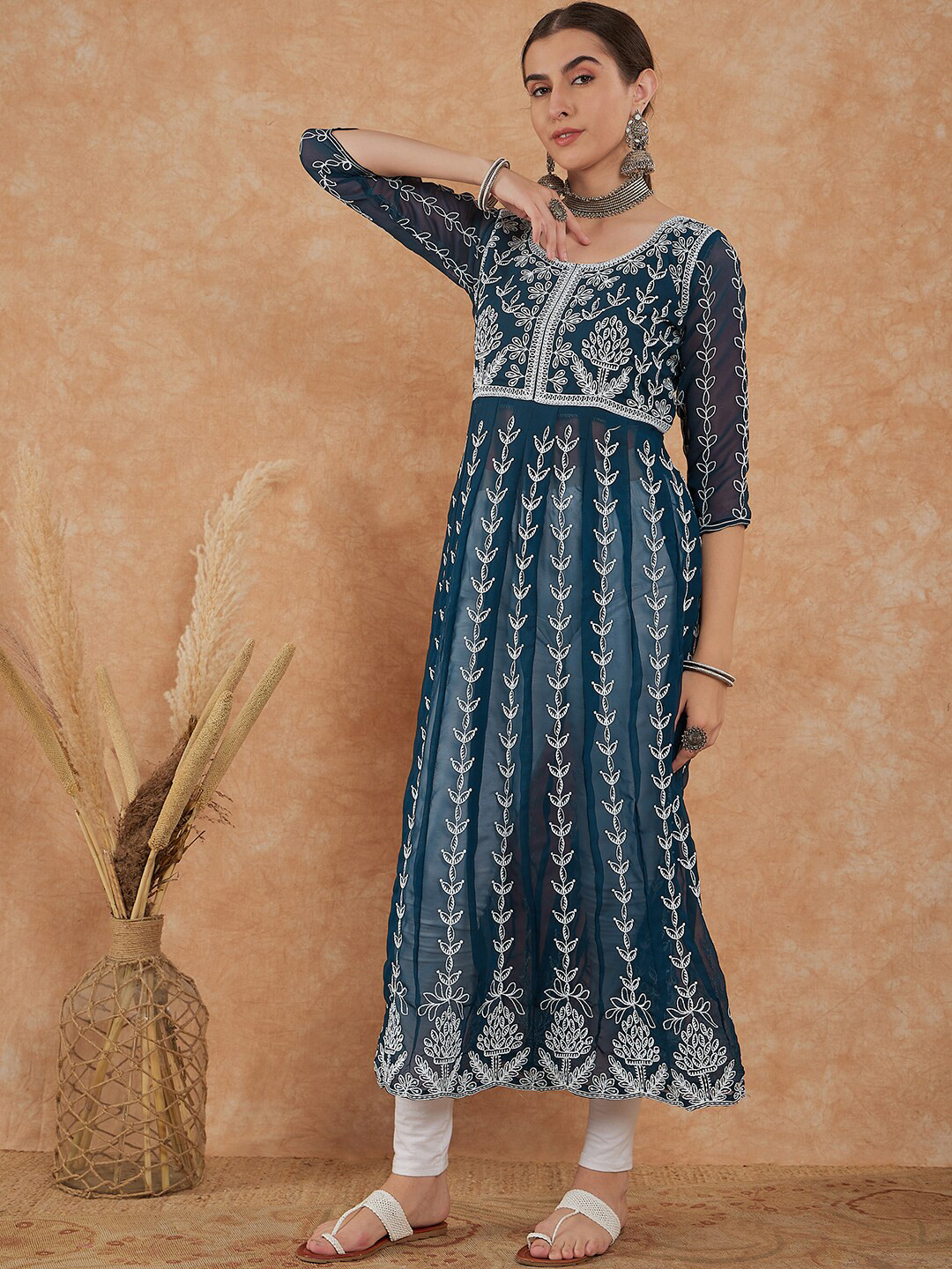 

KALINI Embroidered Thread Work Georgette Anarkali Kurta, Teal