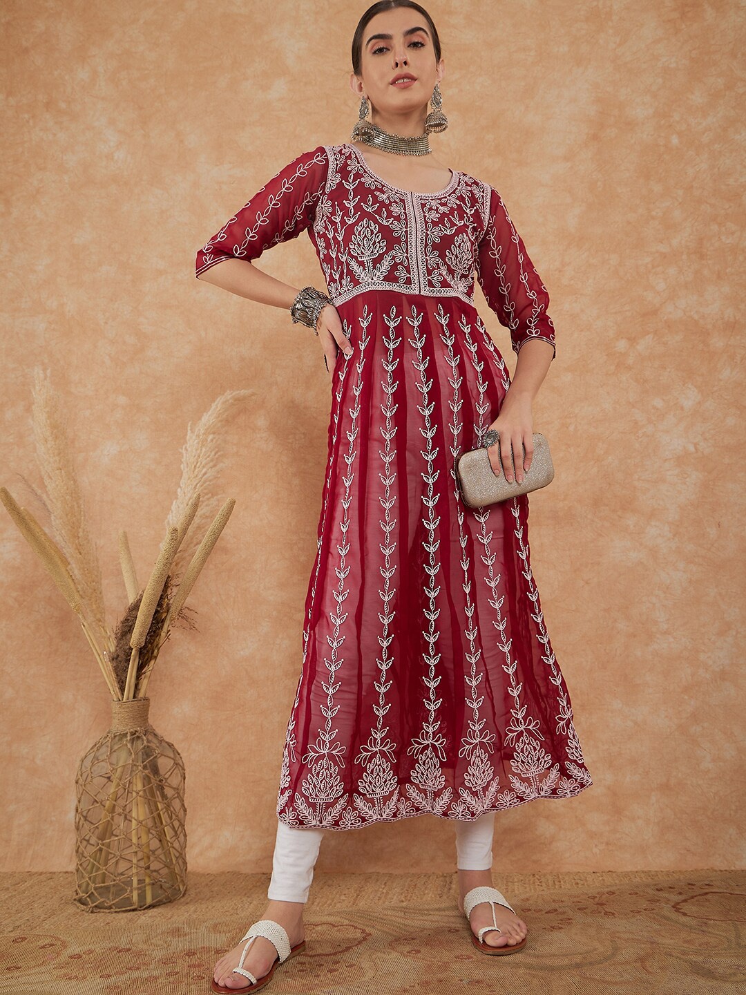 

KALINI Embroidered Thread Work Georgette Anarkali Kurta, Maroon