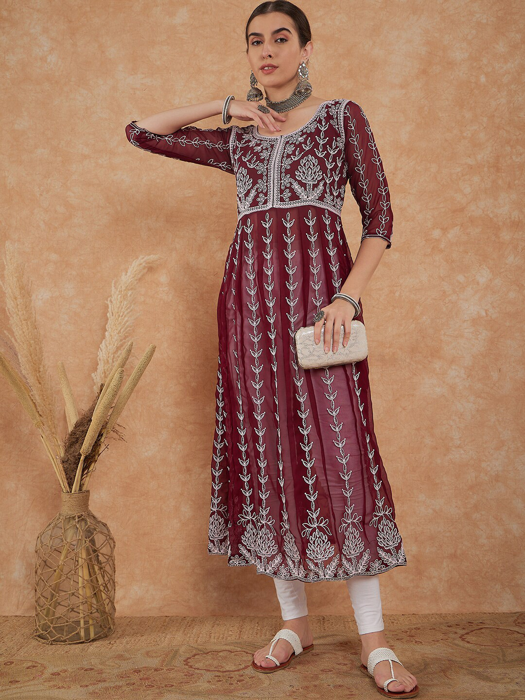

KALINI Women Burgundy Ethnic Motifs Embroidered Chikankari Georgette Anarkali Kurta