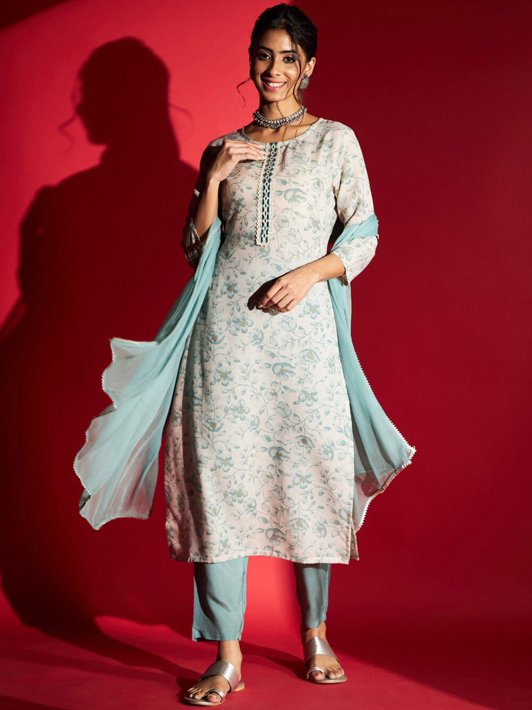 

Navlik Floral Printed Mirror Work Pure Cotton Kurta With Trousers & Dupatta, Lime green