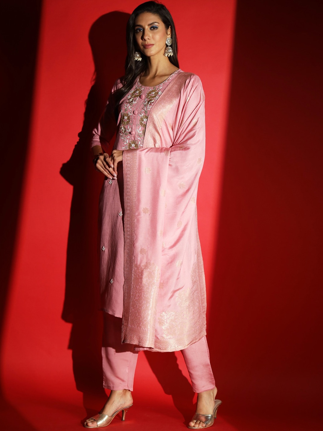 

Navlik Floral Yoke Design Thread Work Sequined Chanderi Silk Kurta With Trousers & Dupatta, Pink