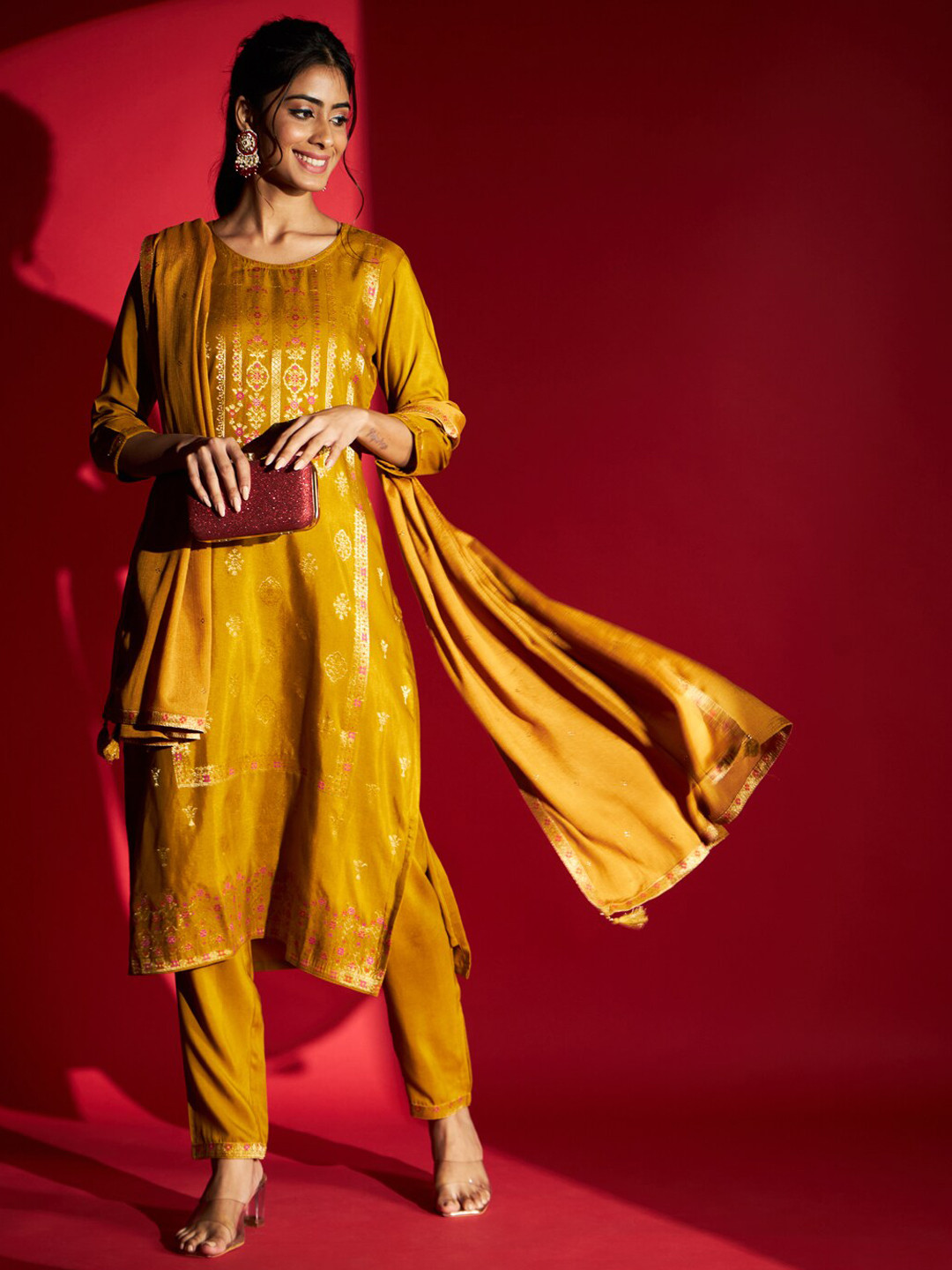 

Navlik Ethnic Motifs Woven Design Round Neck Kurta With Trousers & Dupatta, Mustard