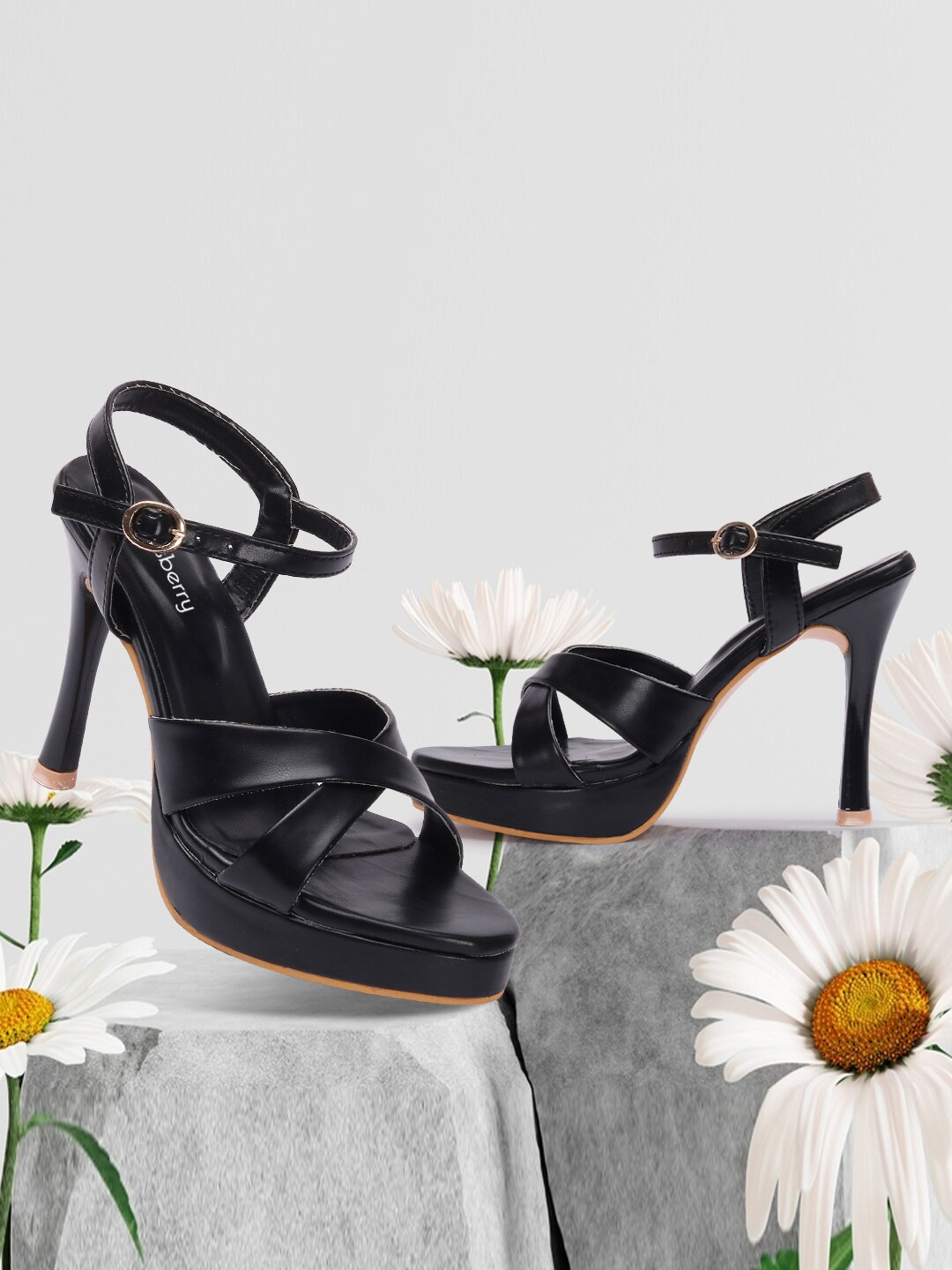 

DressBerry Black Open Toe Slim Heels With Buckles