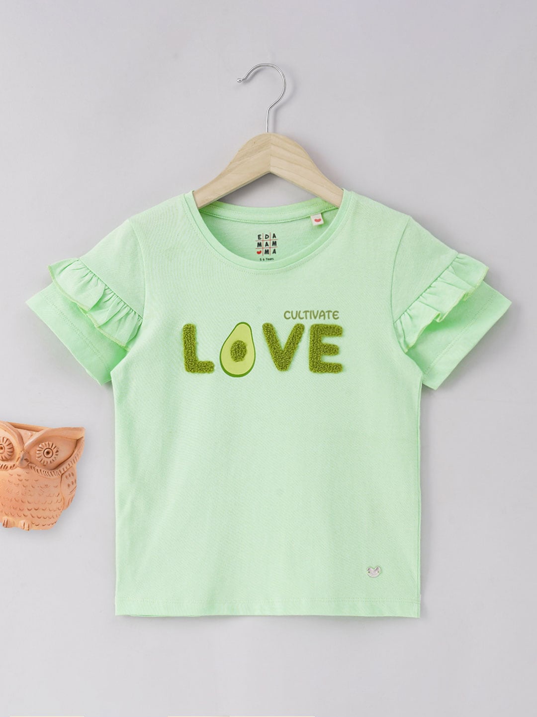 

Ed-a-Mamma Girls Typography Printed Ruffles Cotton T-shirt, Green