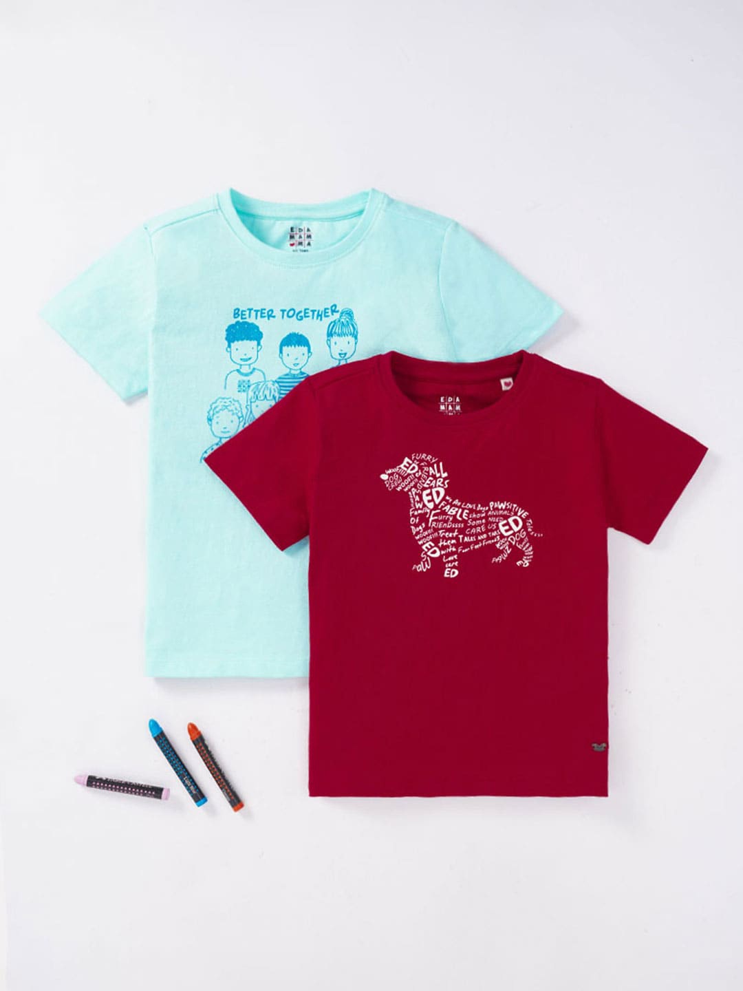 

Ed-a-Mamma Boys Pack Of 2 Printed Round Neck Pure Cotton T-shirts, Maroon