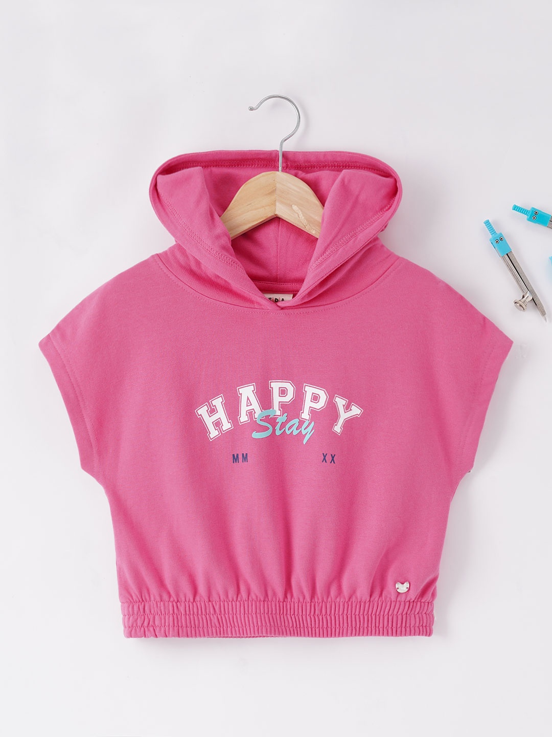 

Ed-a-Mamma Girls Typography Printed Hooded Extended Sleeves Cotton T-shirt, Pink