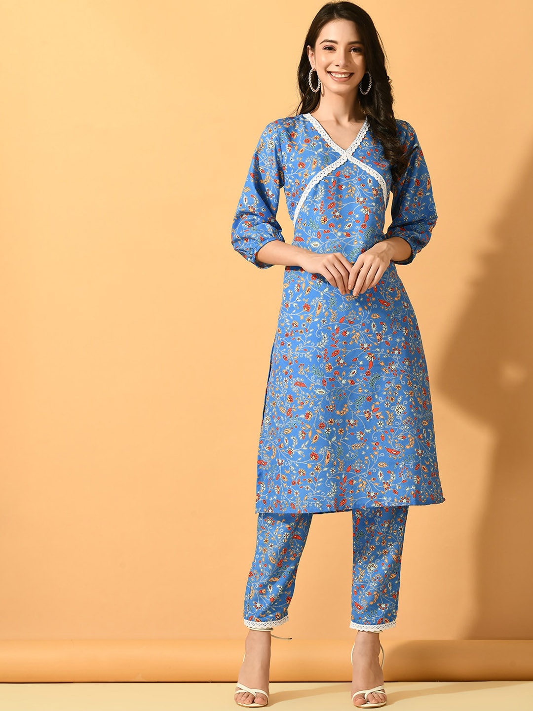 

Sangria Floral Printed V-Neck Straight Kurta With Trouser, Blue