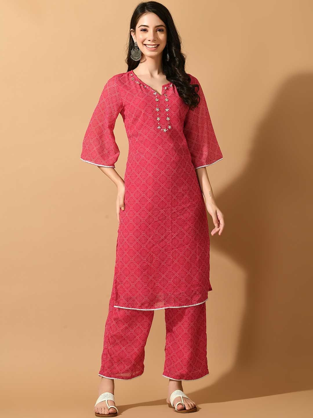 

Sangria Printed Embroidered Straight Kurta With Trouser, Pink