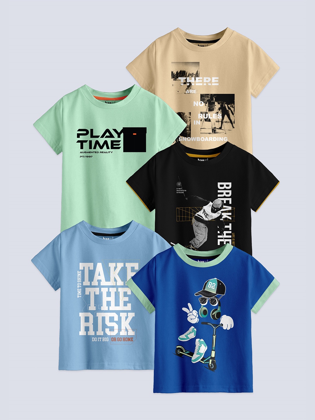 

BAESD Boys Pack Of 5 Typography Printed Pure Cotton T-shirt, Beige